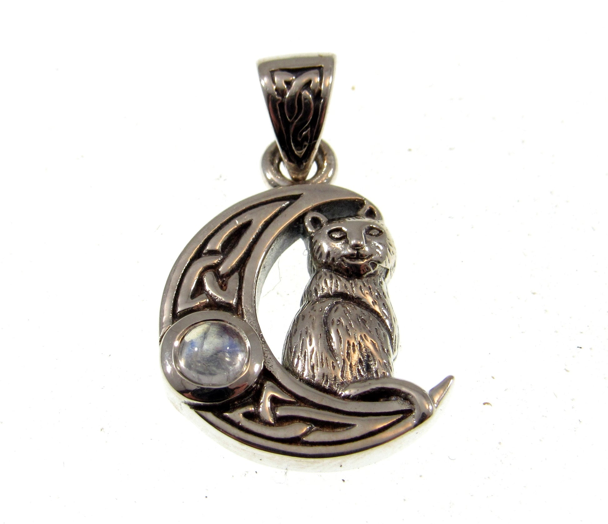 Solid 925 Sterling Silver Celtic Crescent Moon Cat Pendant With Amethyst or Rainbow Moonstone Gemstone