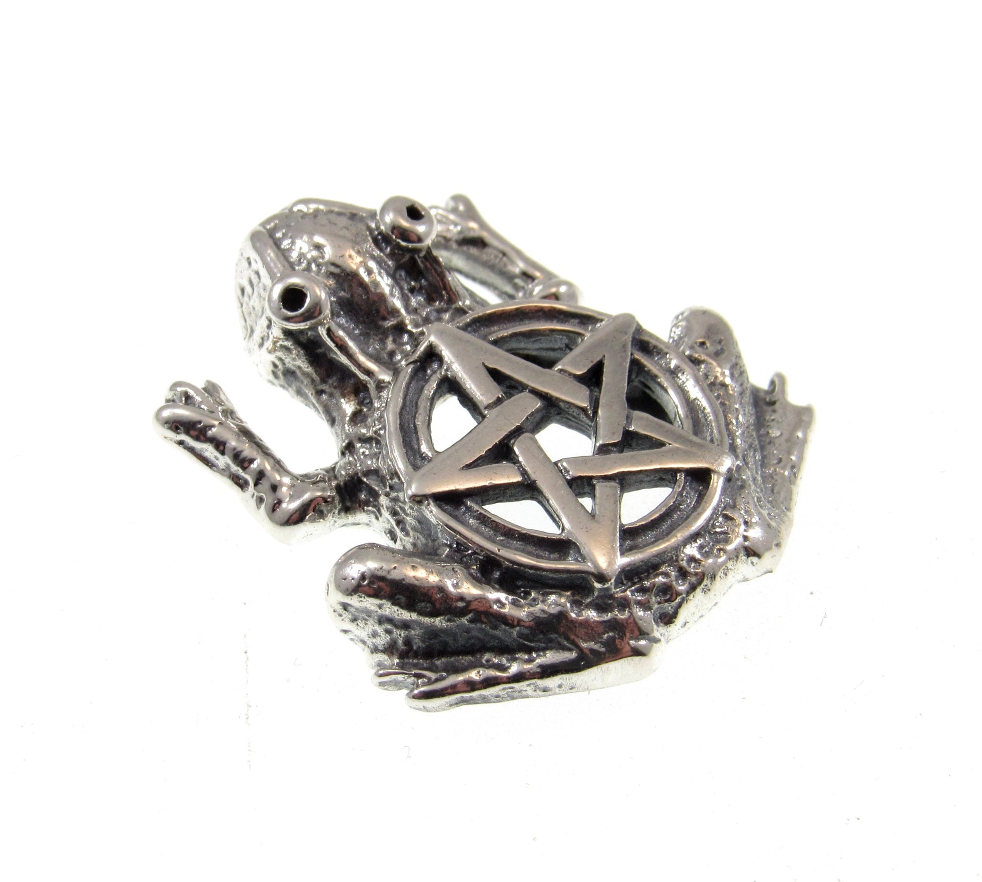 Solid 925 Sterling Silver Frog Pentagram Pentacle Slide Pendant, Handcrafted Wiccan Life Transitions Amulet