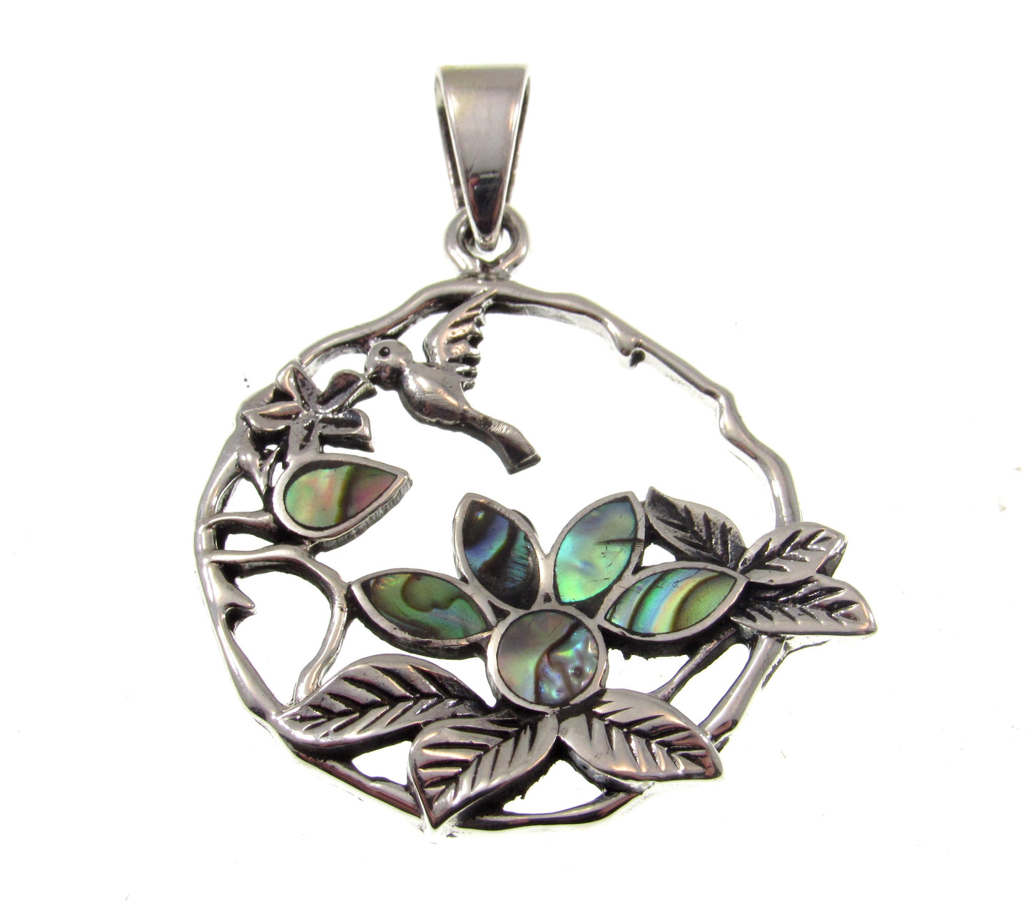 Solid 925 Sterling Silver Hummingbird and Flowers Pendant with Inlaid Pink or Rainbow Paua Shell