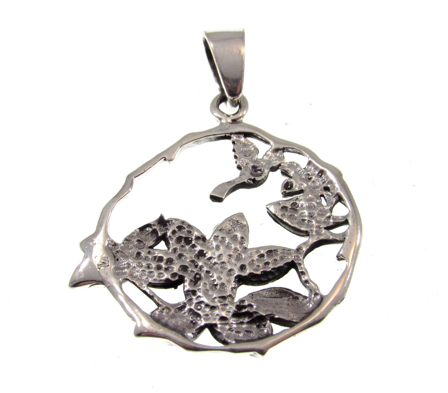 Solid 925 Sterling Silver Hummingbird and Flowers Pendant with Inlaid Pink or Rainbow Paua Shell