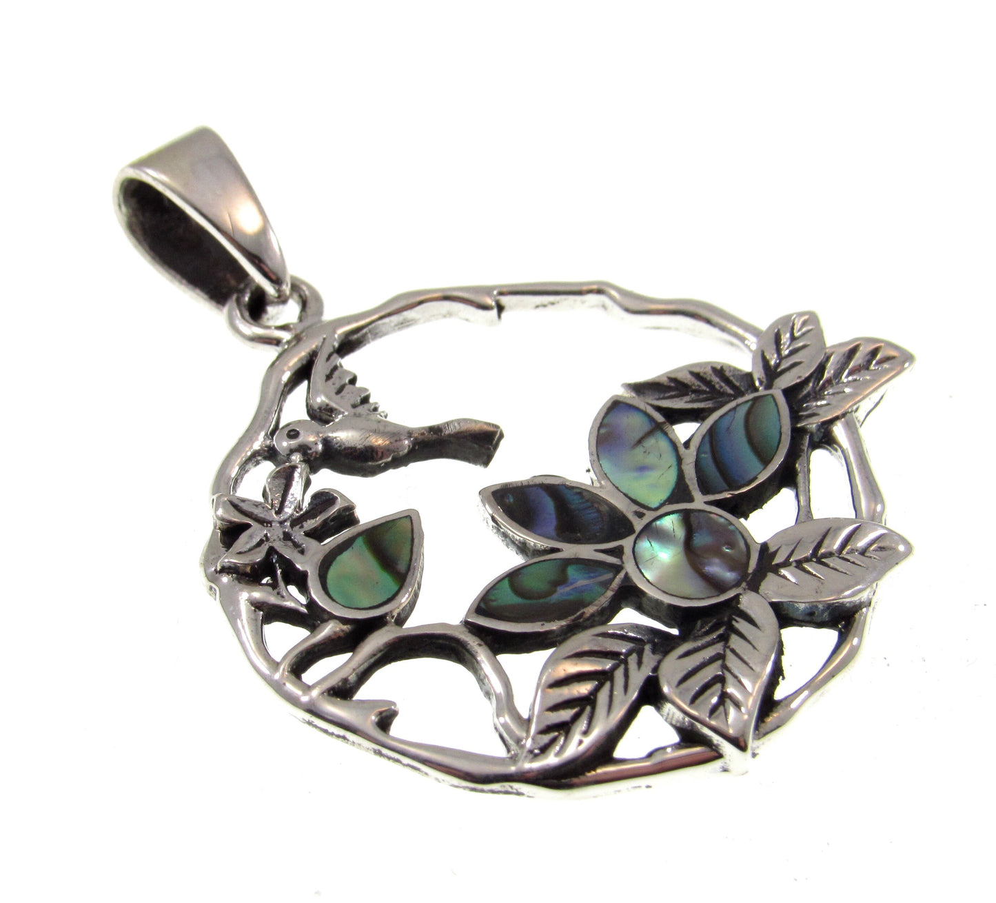 Solid 925 Sterling Silver Hummingbird and Flowers Pendant with Inlaid Pink or Rainbow Paua Shell