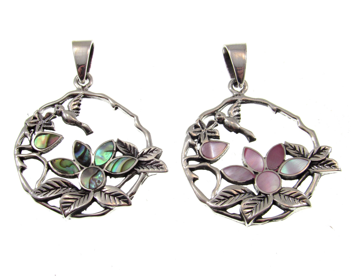 Solid 925 Sterling Silver Hummingbird and Flowers Pendant with Inlaid Pink or Rainbow Paua Shell