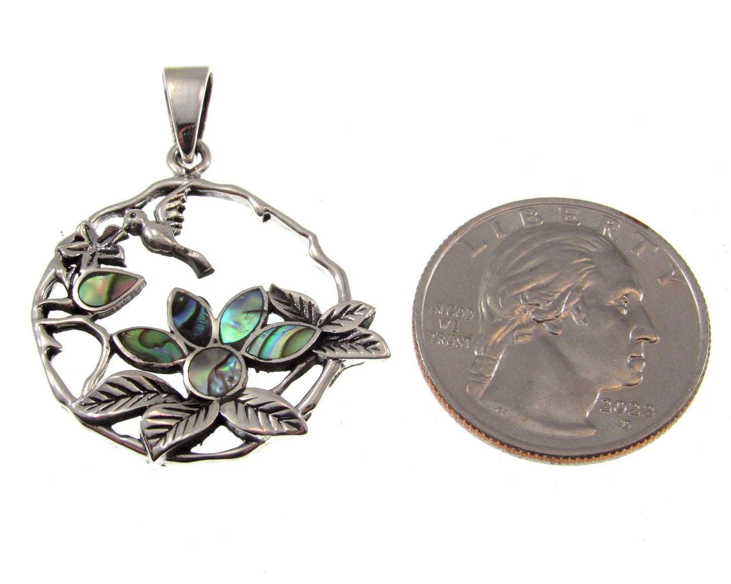 Solid 925 Sterling Silver Hummingbird and Flowers Pendant with Inlaid Pink or Rainbow Paua Shell