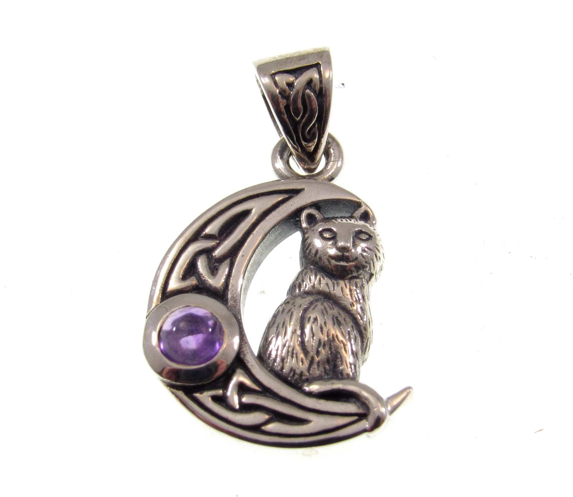 Solid 925 Sterling Silver Celtic Crescent Moon Cat Pendant With Amethyst or Rainbow Moonstone Gemstone