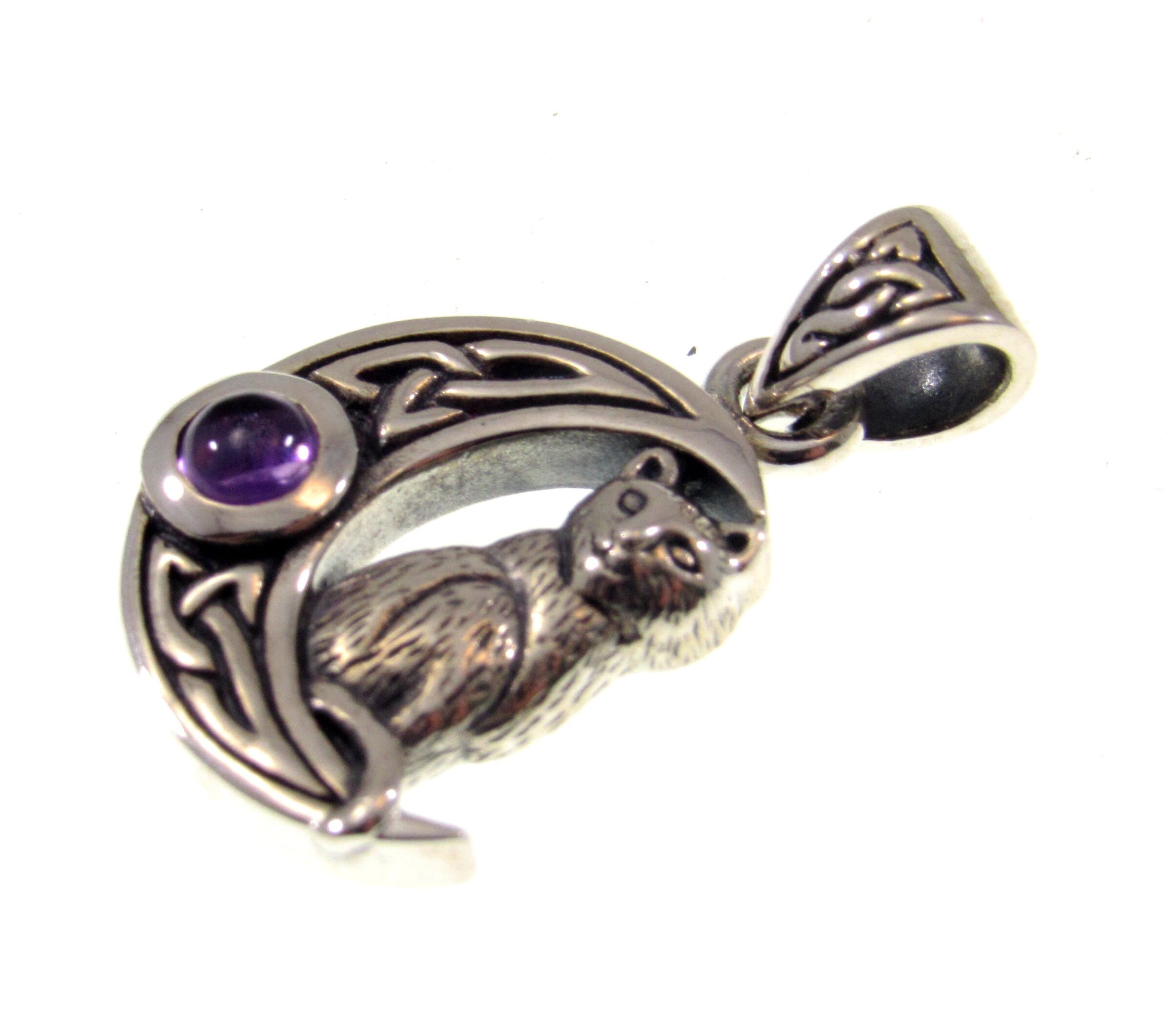 Solid 925 Sterling Silver Celtic Crescent Moon Cat Pendant With Amethyst or Rainbow Moonstone Gemstone