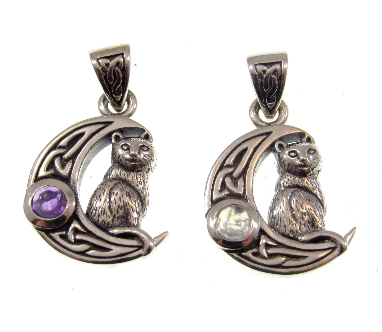 Solid 925 Sterling Silver Celtic Crescent Moon Cat Pendant With Amethyst or Rainbow Moonstone Gemstone
