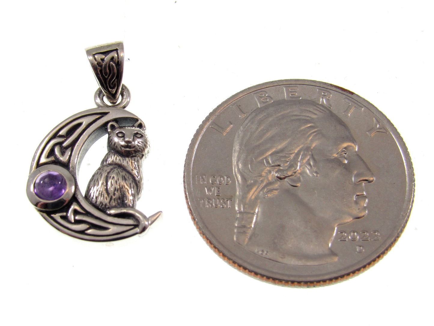 Solid 925 Sterling Silver Celtic Crescent Moon Cat Pendant With Amethyst or Rainbow Moonstone Gemstone