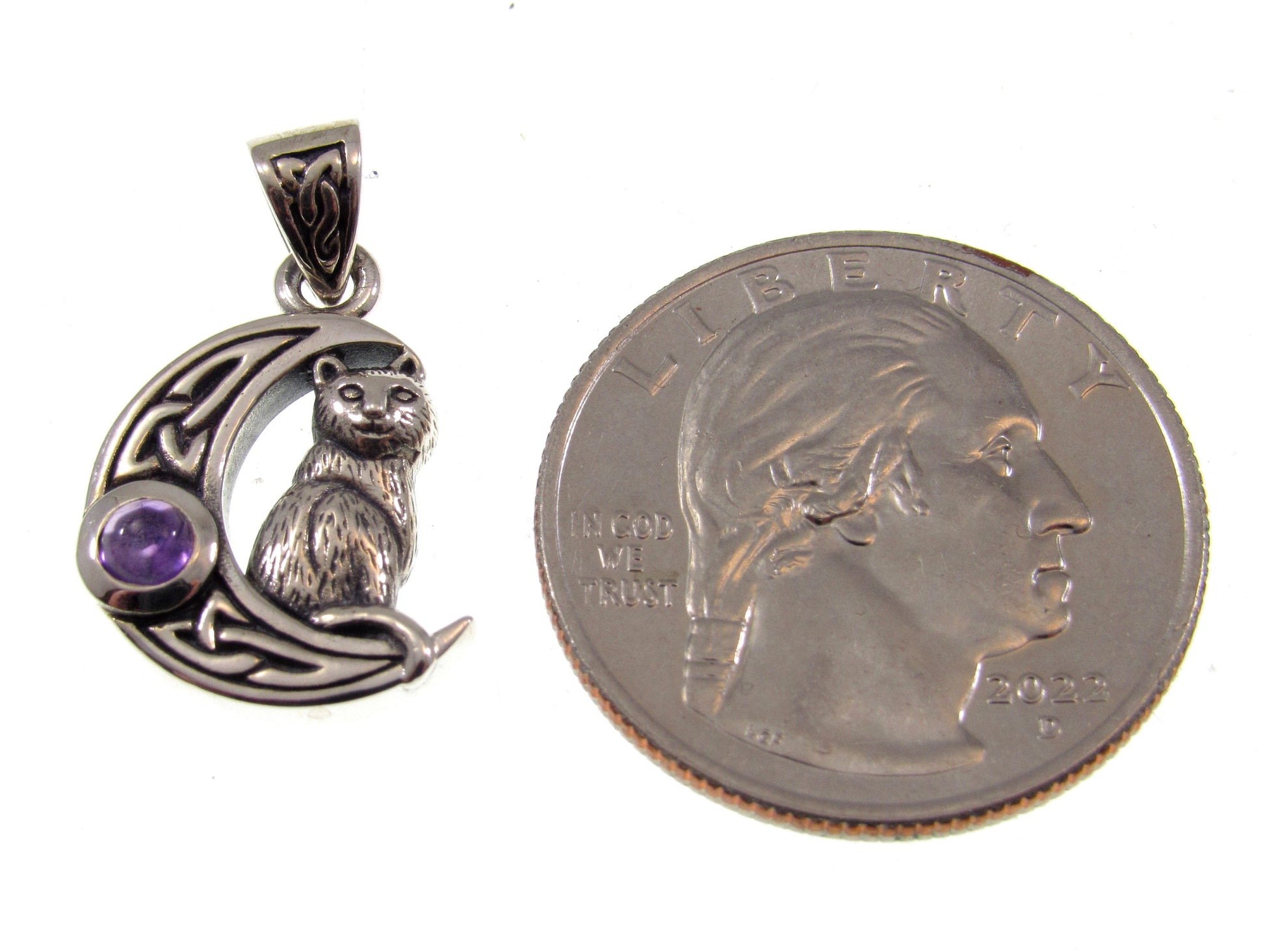 Solid 925 Sterling Silver Celtic Crescent Moon Cat Pendant With Amethyst or Rainbow Moonstone Gemstone