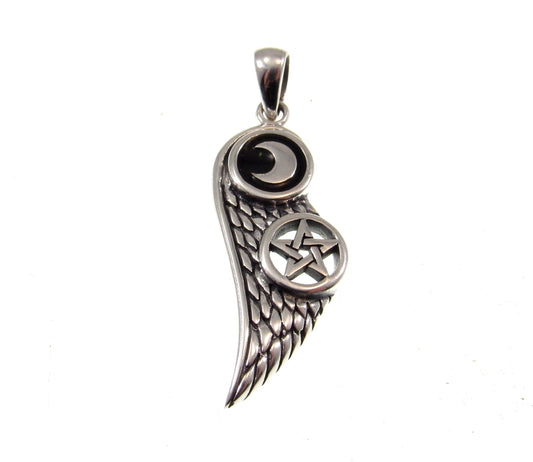 Solid 925 Sterling Silver Angel Wing with Crescent Moon & Pentacle Star Pendant, Handcrafted Wiccan Magic Pentagram