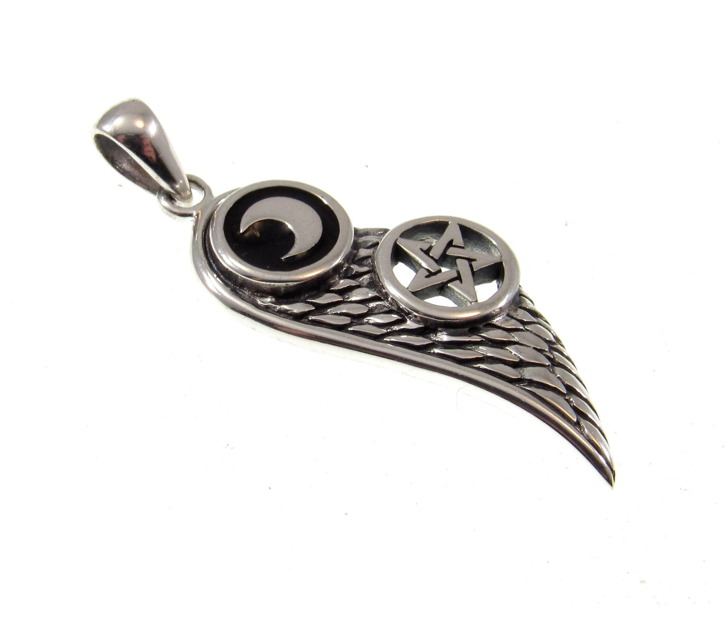 Solid 925 Sterling Silver Angel Wing with Crescent Moon & Pentacle Star Pendant, Handcrafted Wiccan Magic Pentagram