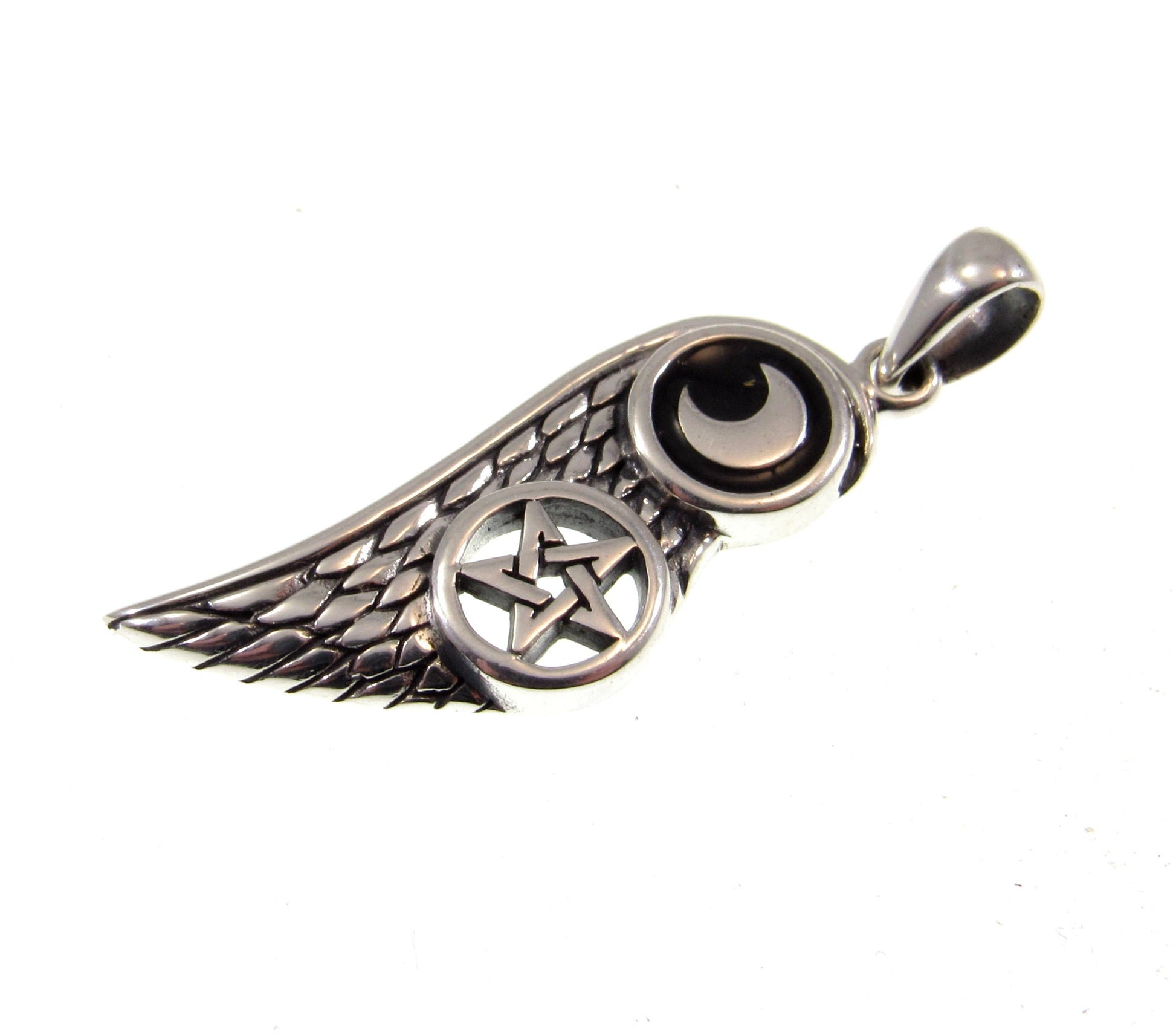 Solid 925 Sterling Silver Angel Wing with Crescent Moon & Pentacle Star Pendant, Handcrafted Wiccan Magic Pentagram