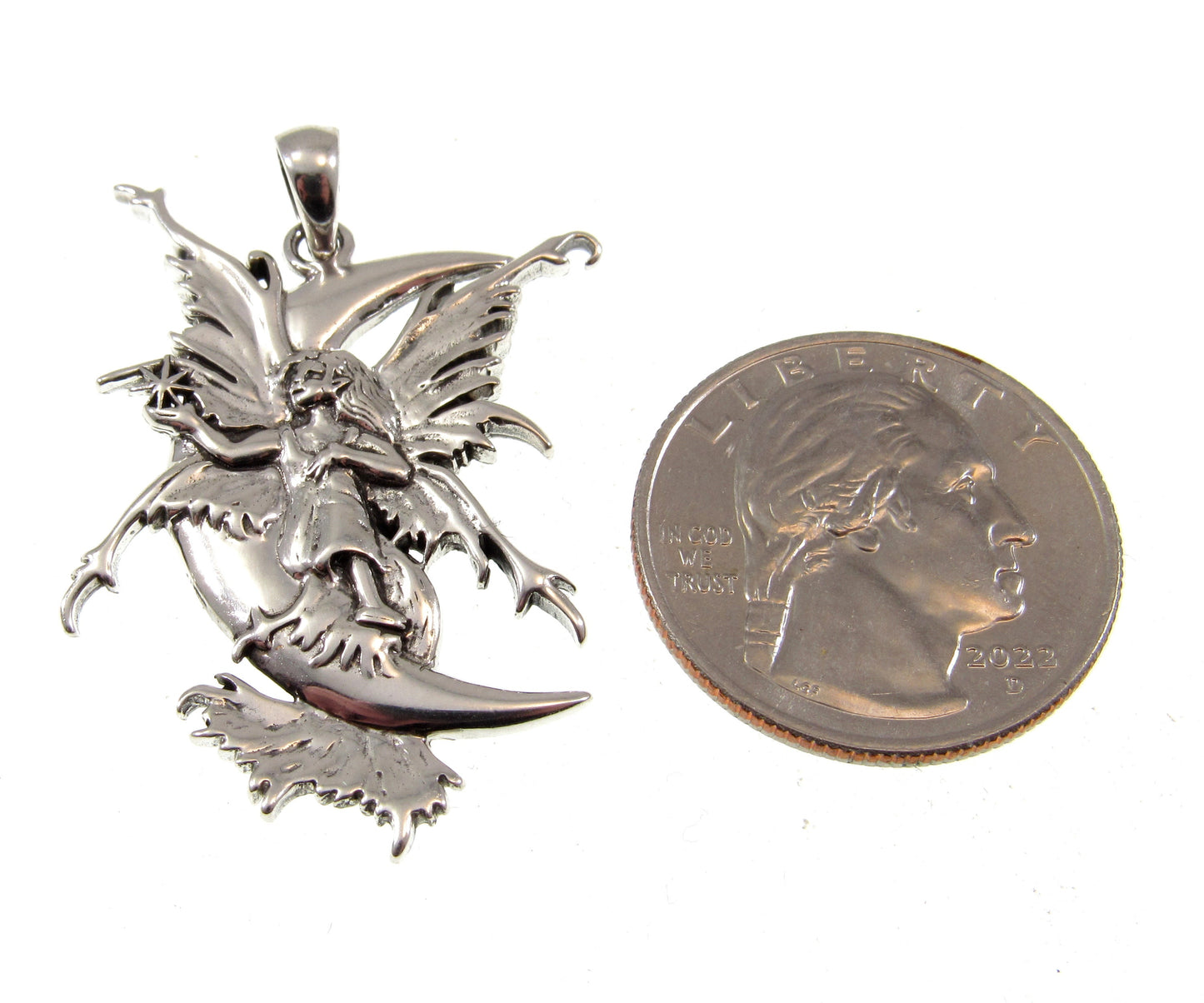 Solid 925 Sterling Silver Stargazer Crescent Moon Fairy Pendant Designed by Renown Fantasy Artist Amy Brown