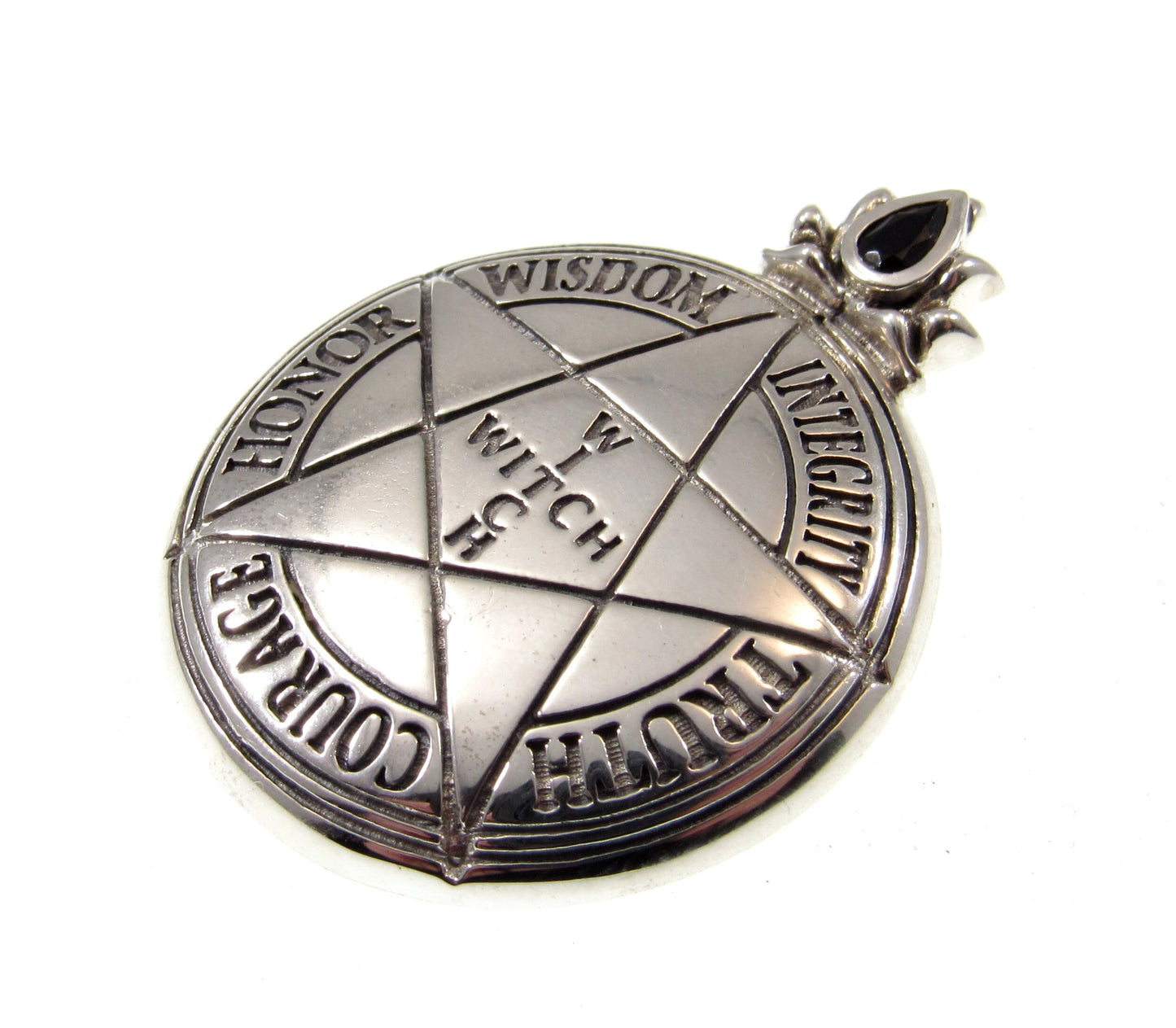 Solid 925 Sterling Silver Witch's Pentacle Pendant with Black Spinel Gemstone, Wisdom Integrity Truth Courage Honor Wisdom WITCH
