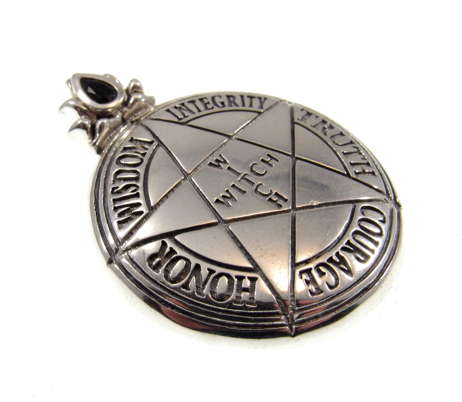 Solid 925 Sterling Silver Witch's Pentacle Pendant with Black Spinel Gemstone, Wisdom Integrity Truth Courage Honor Wisdom WITCH