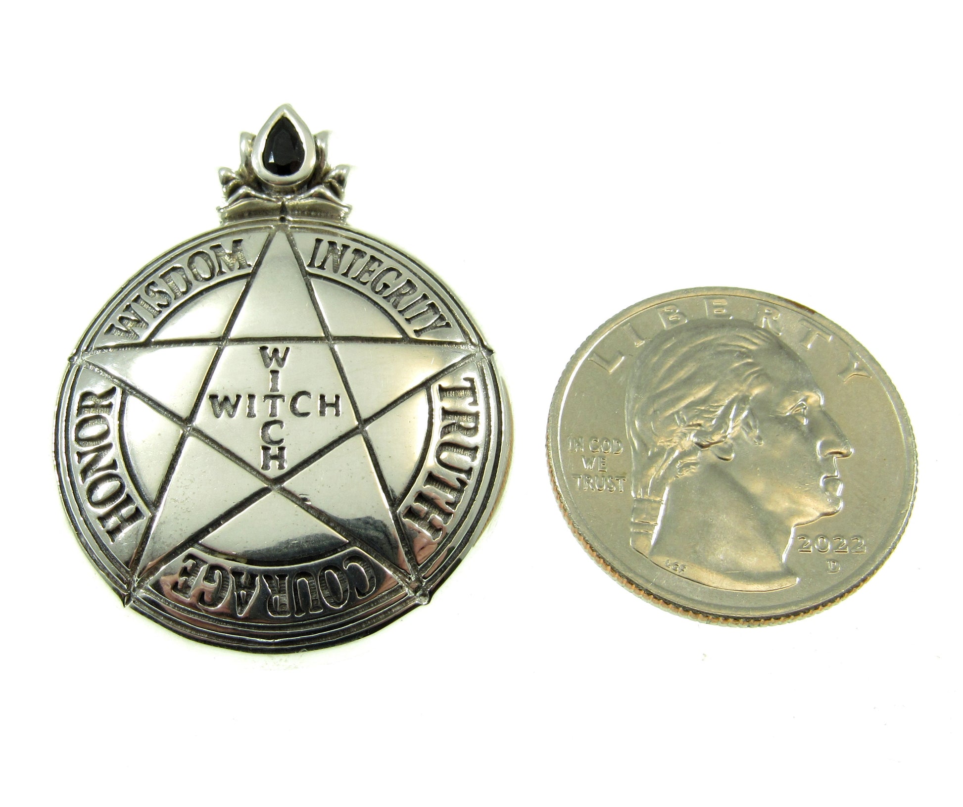 Solid 925 Sterling Silver Witch's Pentacle Pendant with Black Spinel Gemstone, Wisdom Integrity Truth Courage Honor Wisdom WITCH
