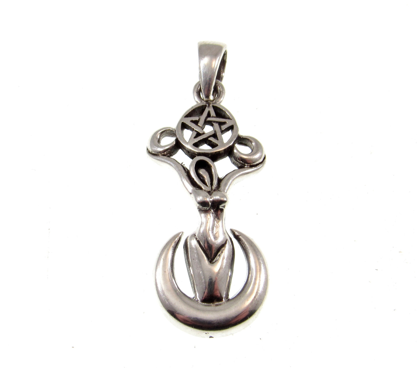 Solid 925 Sterling Silver Pagan Goddess of the Spirits Pendant, Magical Wiccan Goddess on Crescent Moon Pentacle Jewelry