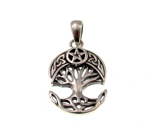 Solid 925 Sterling Silver Celtic Crescent Moon & Star Tree of Life Charm, Handcrafted Magical Pagan Wiccan Pendant