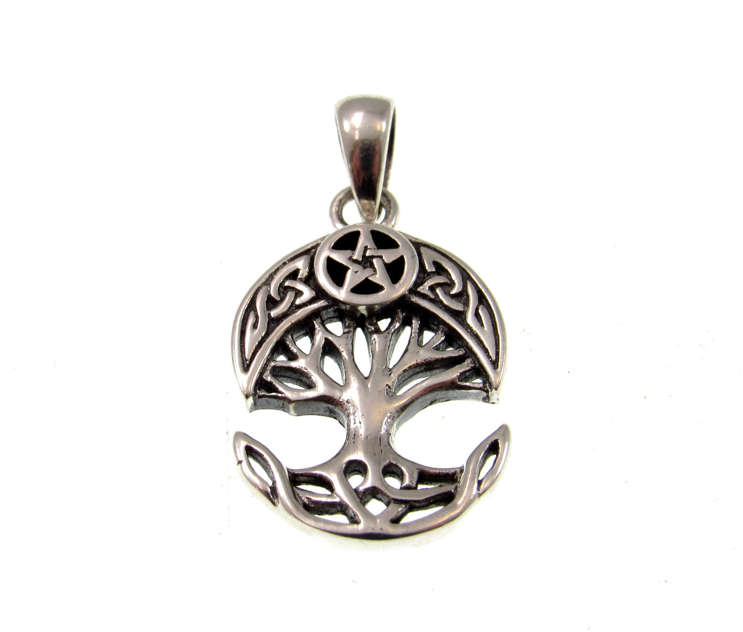 Solid 925 Sterling Silver Celtic Crescent Moon & Star Tree of Life Charm, Handcrafted Magical Pagan Wiccan Pendant