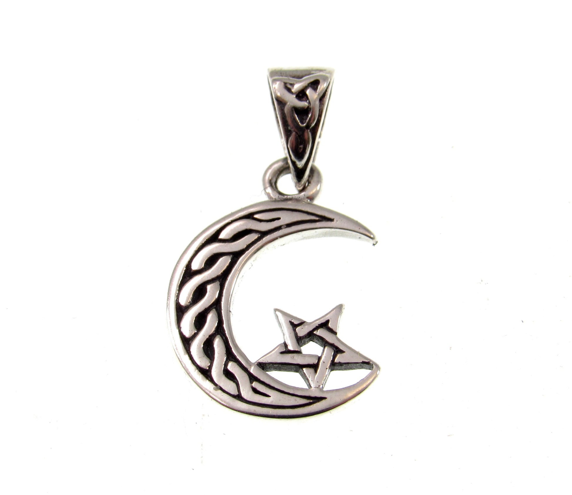 Solid 925 Sterling Silver Celtic Crescent Moon & Pentagram Charm, Handcrafted Magical Pagan Wiccan Pendant