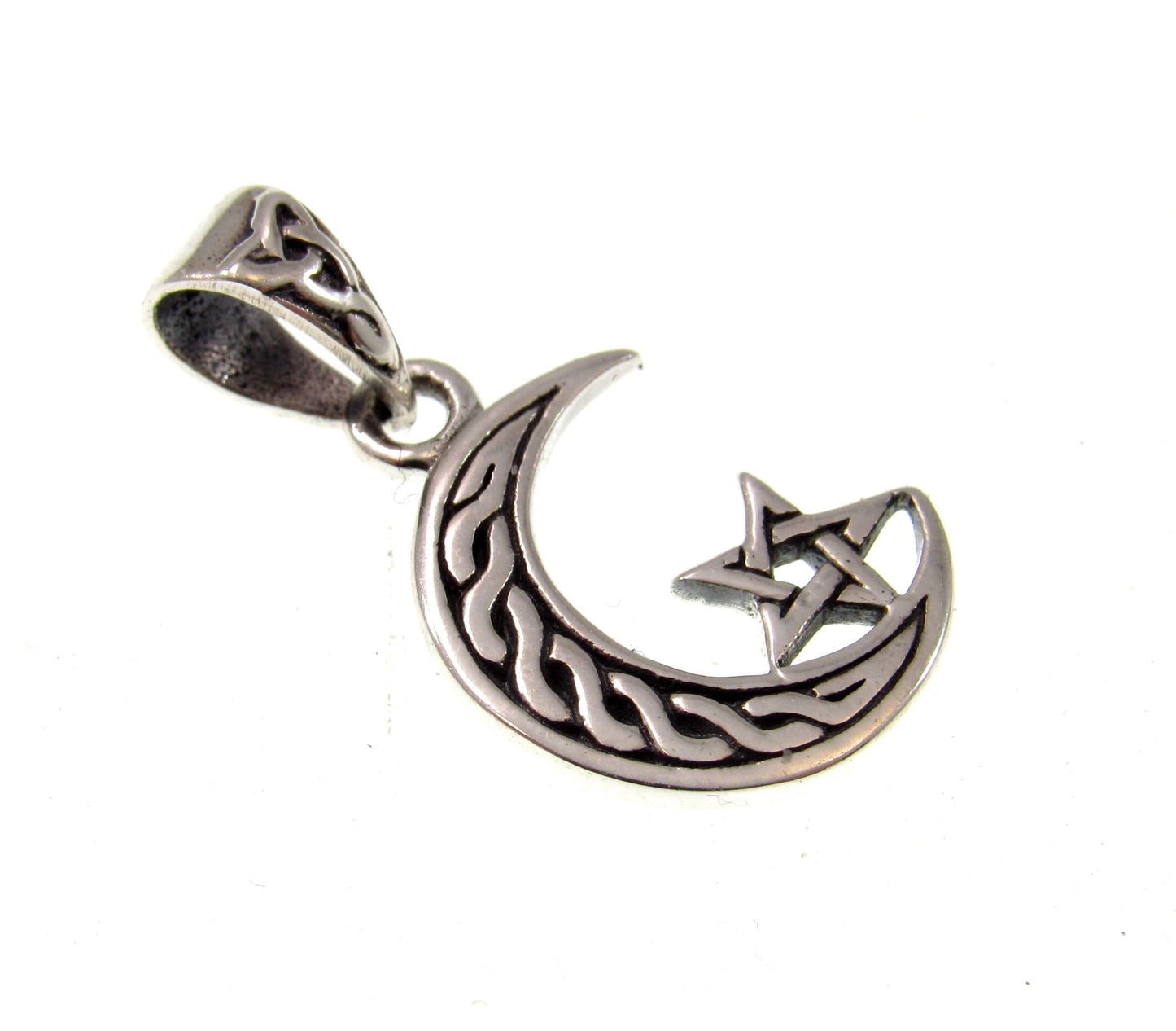 Solid 925 Sterling Silver Celtic Crescent Moon & Pentagram Charm, Handcrafted Magical Pagan Wiccan Pendant