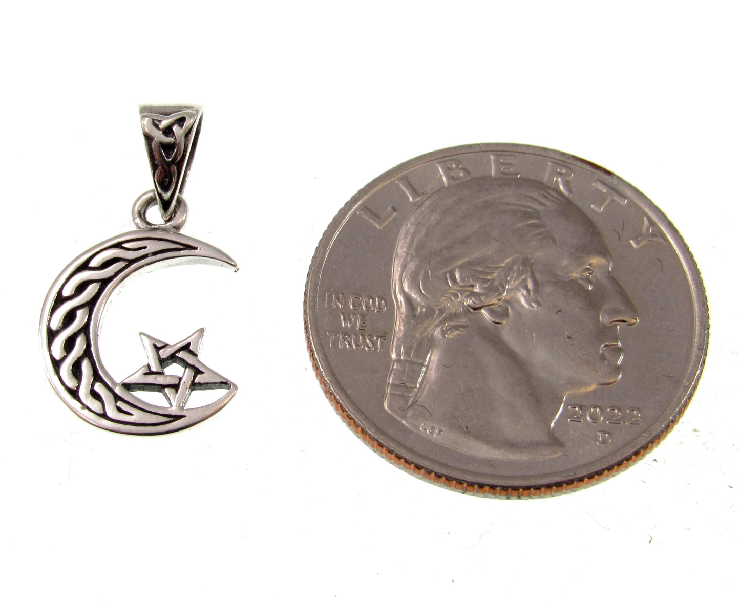 Solid 925 Sterling Silver Celtic Crescent Moon & Pentagram Charm, Handcrafted Magical Pagan Wiccan Pendant