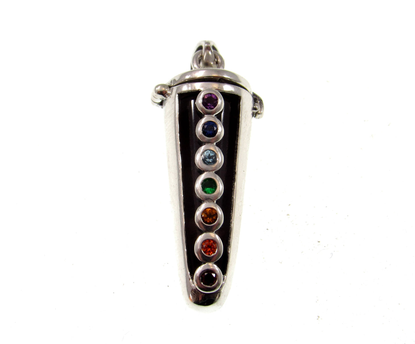 Chakra Pendulum Handcrafted in Solid 925 Sterling Silver with Hinged Lid, Seven Life Force Colored Gemstones Pendant