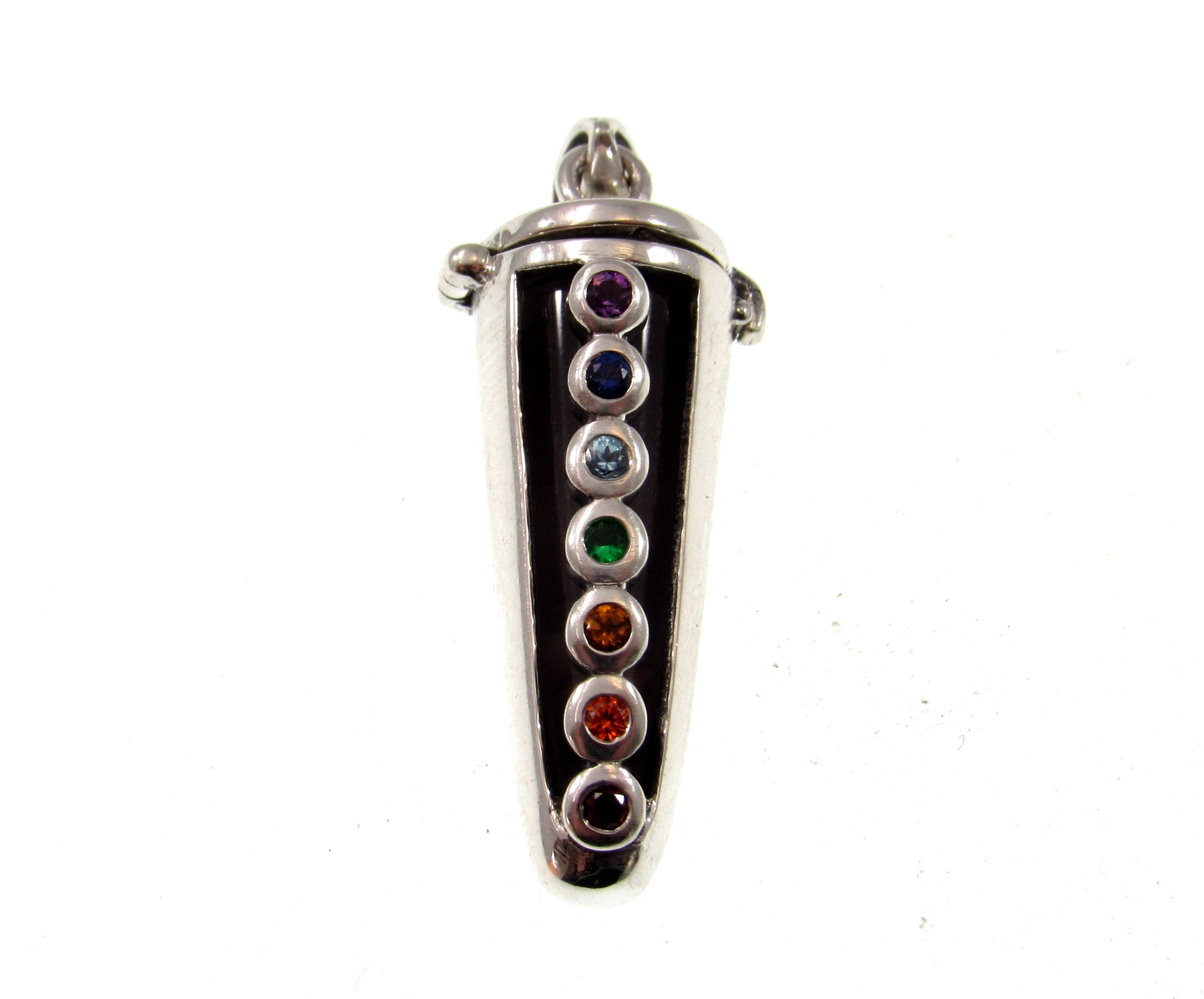Chakra Pendulum Handcrafted in Solid 925 Sterling Silver with Hinged Lid, Seven Life Force Colored Gemstones Pendant