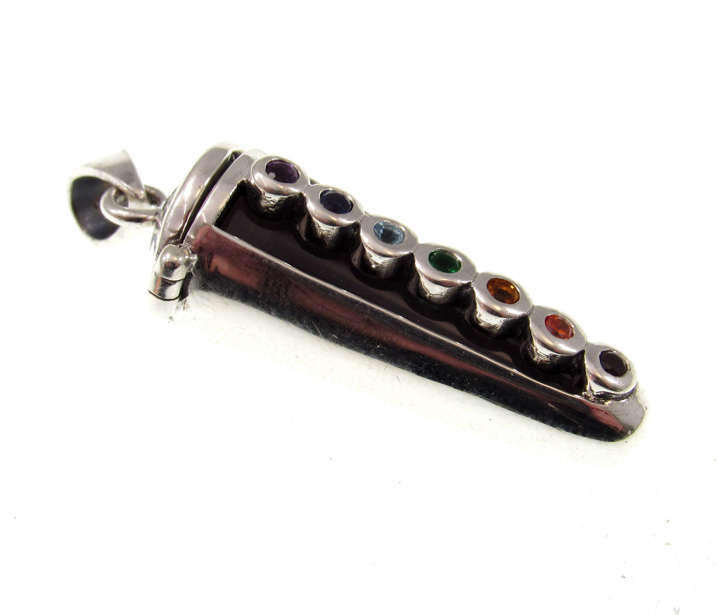 Chakra Pendulum Handcrafted in Solid 925 Sterling Silver with Hinged Lid, Seven Life Force Colored Gemstones Pendant