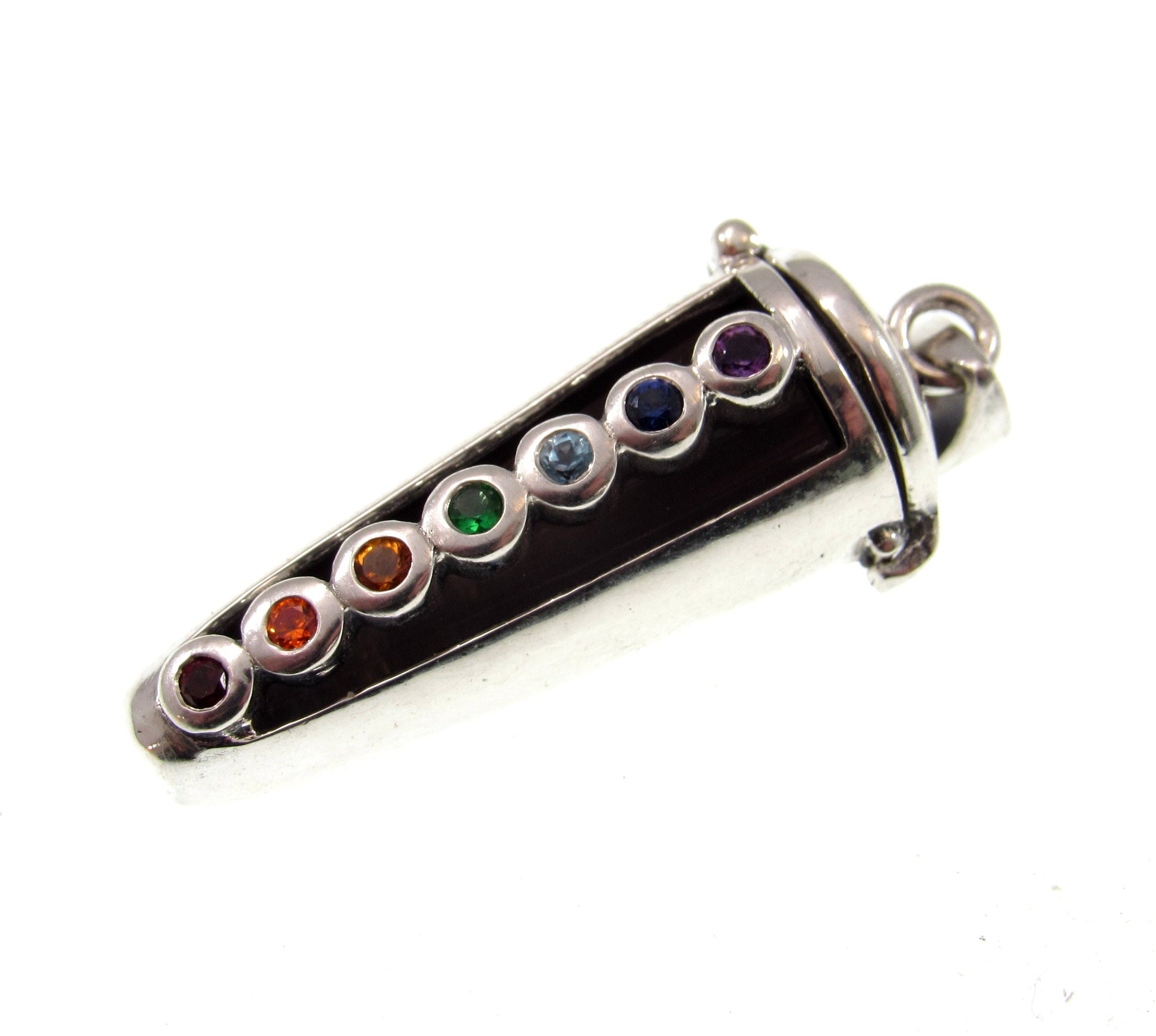 Chakra Pendulum Handcrafted in Solid 925 Sterling Silver with Hinged Lid, Seven Life Force Colored Gemstones Pendant