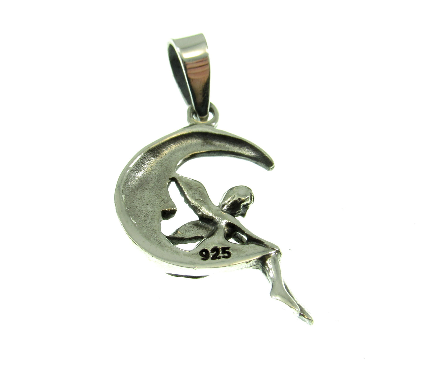 Solid 925 Sterling Silver Fairy on Waxing Crescent Moon Charm, Handcrafted Magical Fertility Pendant