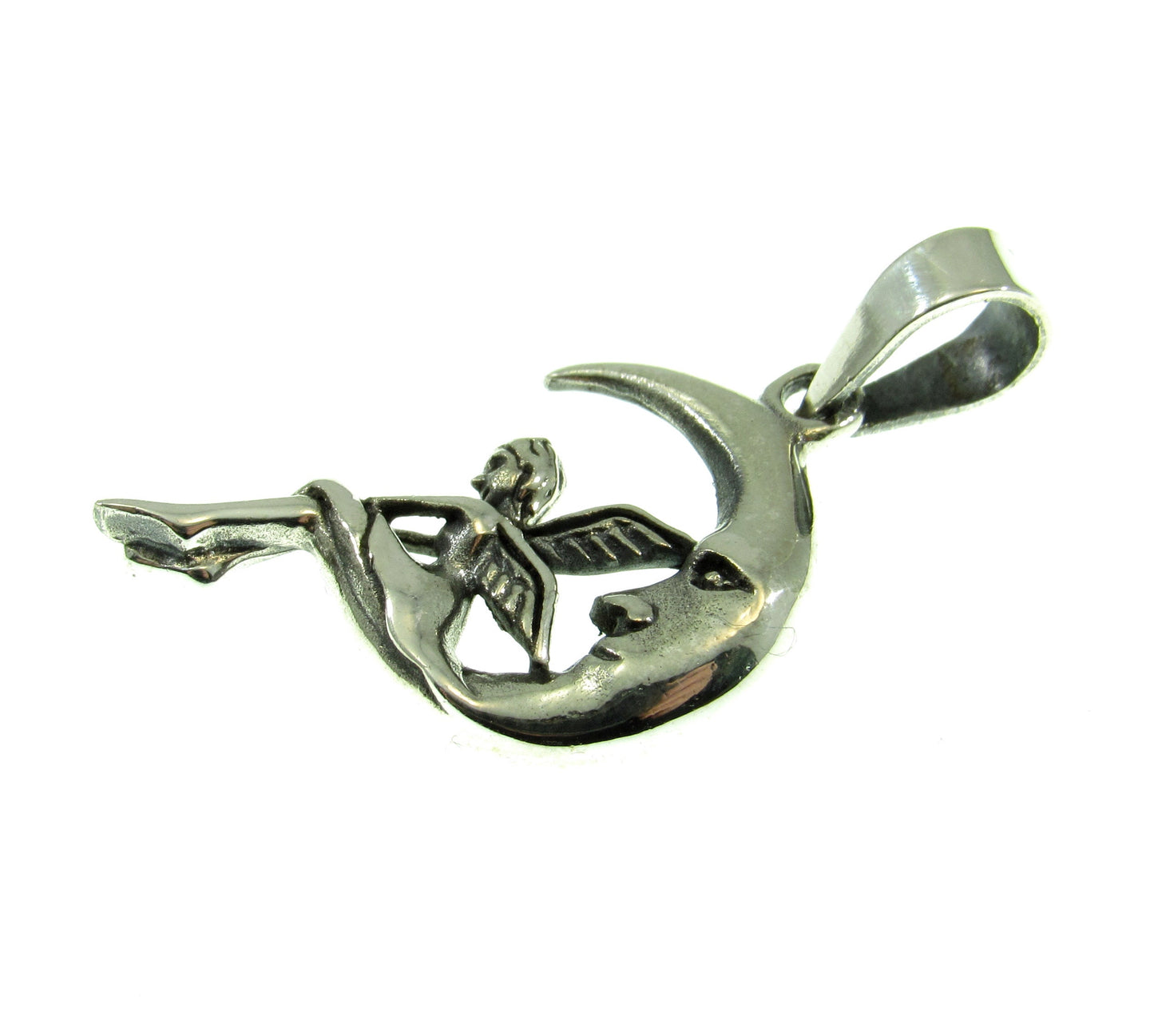 Solid 925 Sterling Silver Fairy on Waxing Crescent Moon Charm, Handcrafted Magical Fertility Pendant