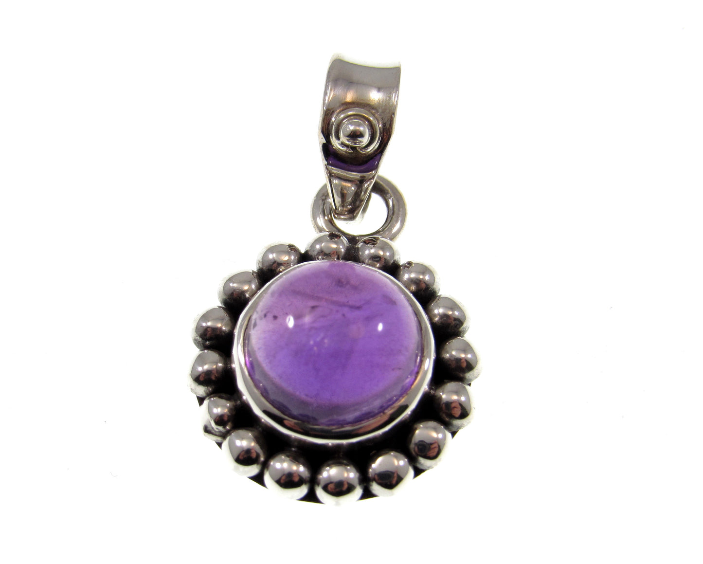 Solid 925 Sterling Silver Round Amethyst Pendant, Handcrafted Small Drop Charm, Deep Purple Cabochon Gemstone, Beaded Balinese Jewelry