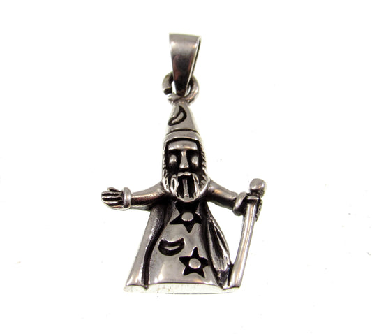 Solid 925 Sterling Silver Wizard With Magic Staff & Cloak Pendant, Handcrafted Moon and Stars Jewelry