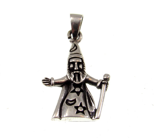 Solid 925 Sterling Silver Wizard With Magic Staff & Cloak Pendant, Handcrafted Moon and Stars Jewelry