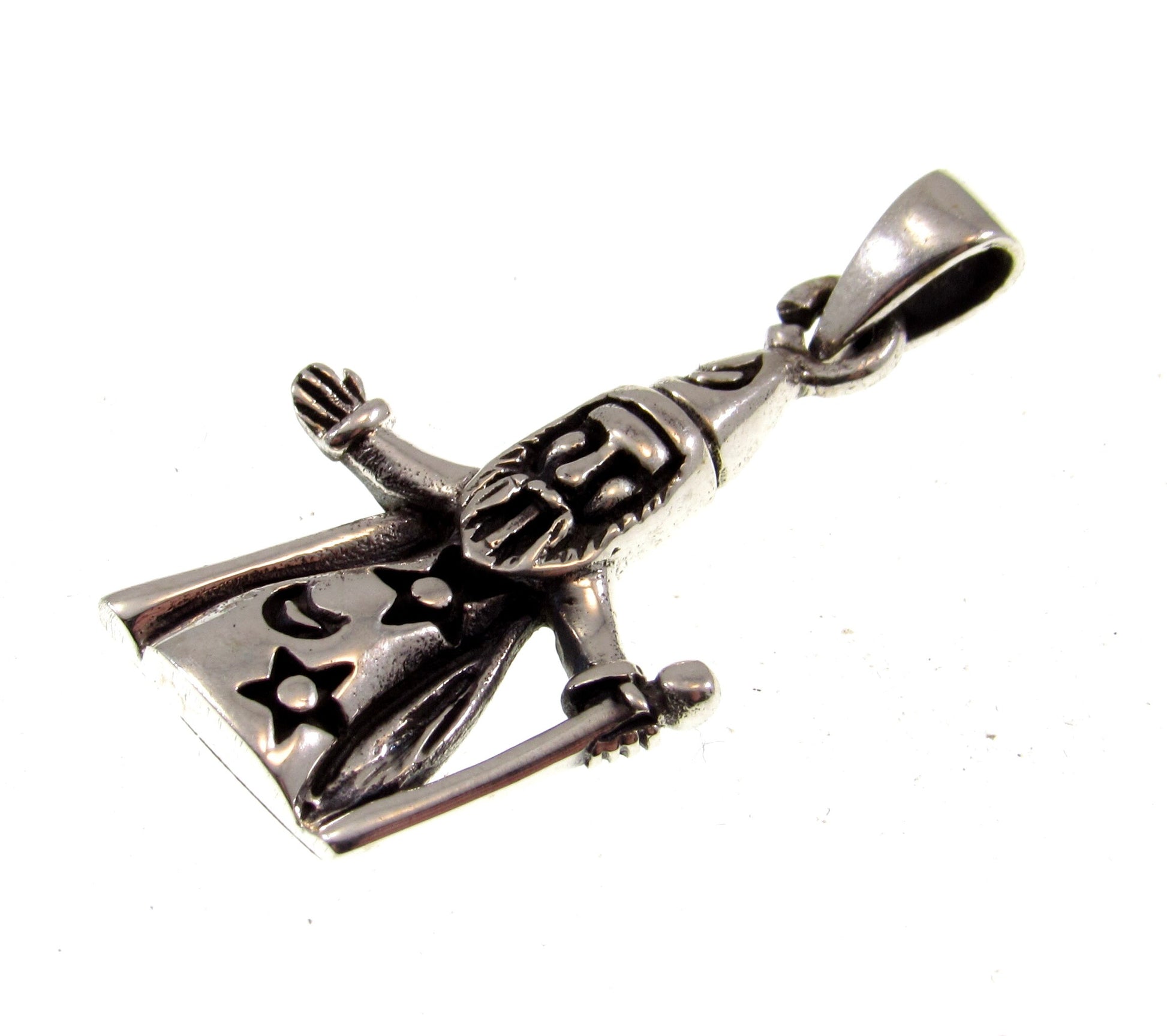 Solid 925 Sterling Silver Wizard With Magic Staff & Cloak Pendant, Handcrafted Moon and Stars Jewelry