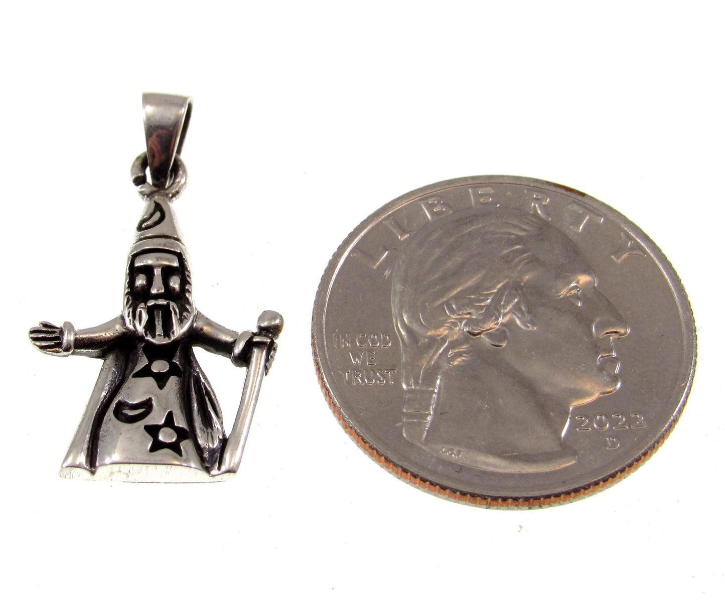 Solid 925 Sterling Silver Wizard With Magic Staff & Cloak Pendant, Handcrafted Moon and Stars Jewelry