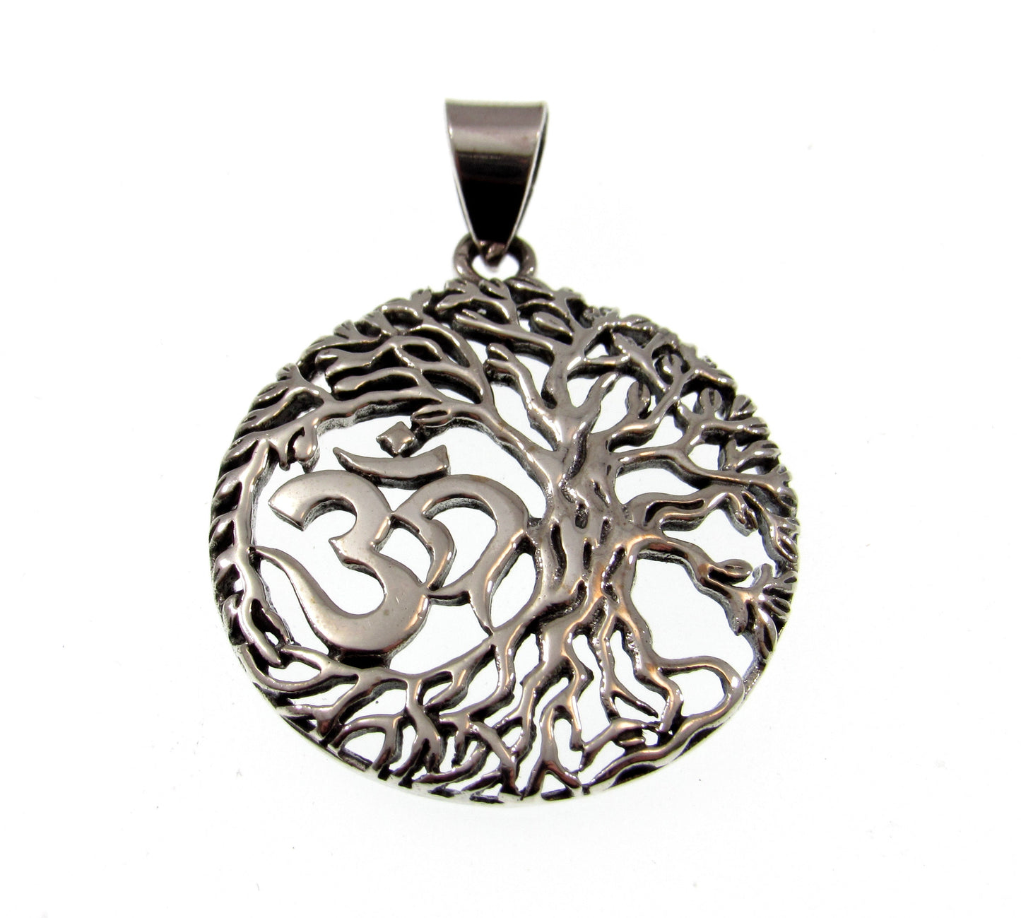 Solid 925 Sterling Silver Om Tree of Life Pendant – Naturecore Necklace Charm – Hindu Yoga Jewelry – Meditation Gift – Sacred Symbol Charm