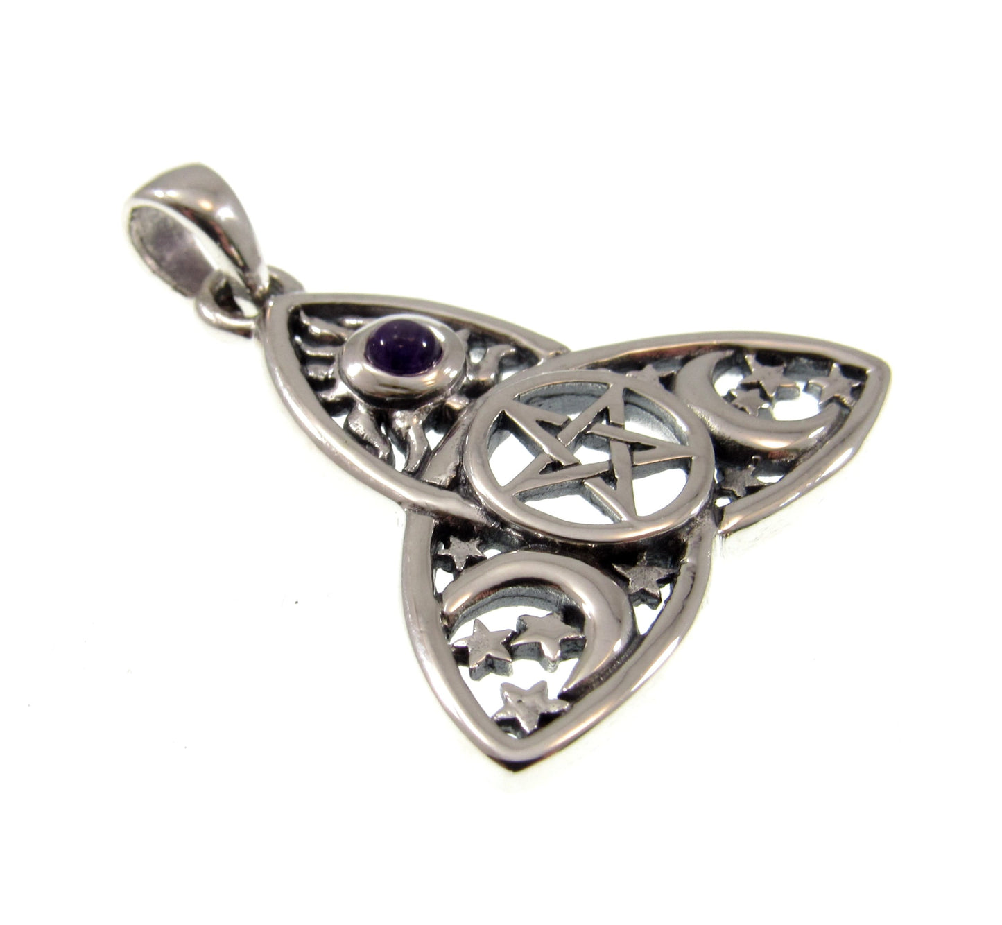 Solid 925 Sterling Silver Celtic Triquetra Pentacle Sun, Moon, & Stars Pendant, Banishing Talisman, Amethyst, Garnet, Topaz, Moonstone