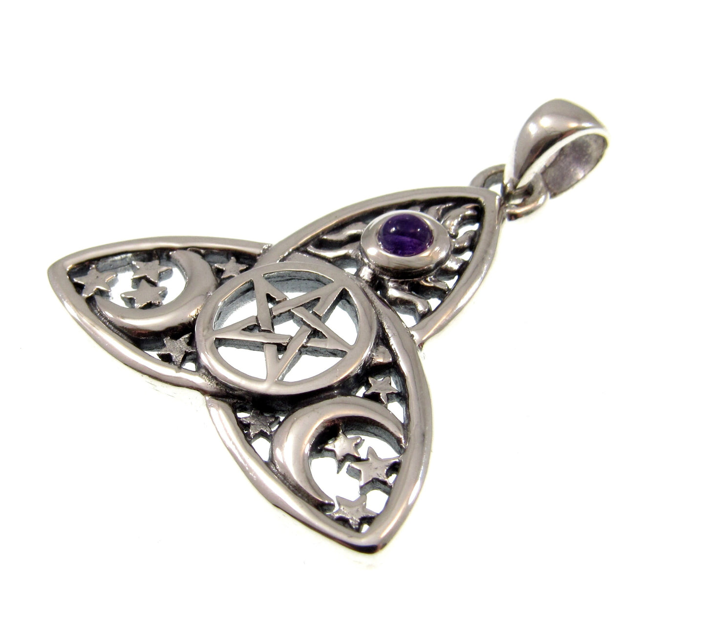 Solid 925 Sterling Silver Celtic Triquetra Pentacle Sun, Moon, & Stars Pendant, Banishing Talisman, Amethyst, Garnet, Topaz, Moonstone