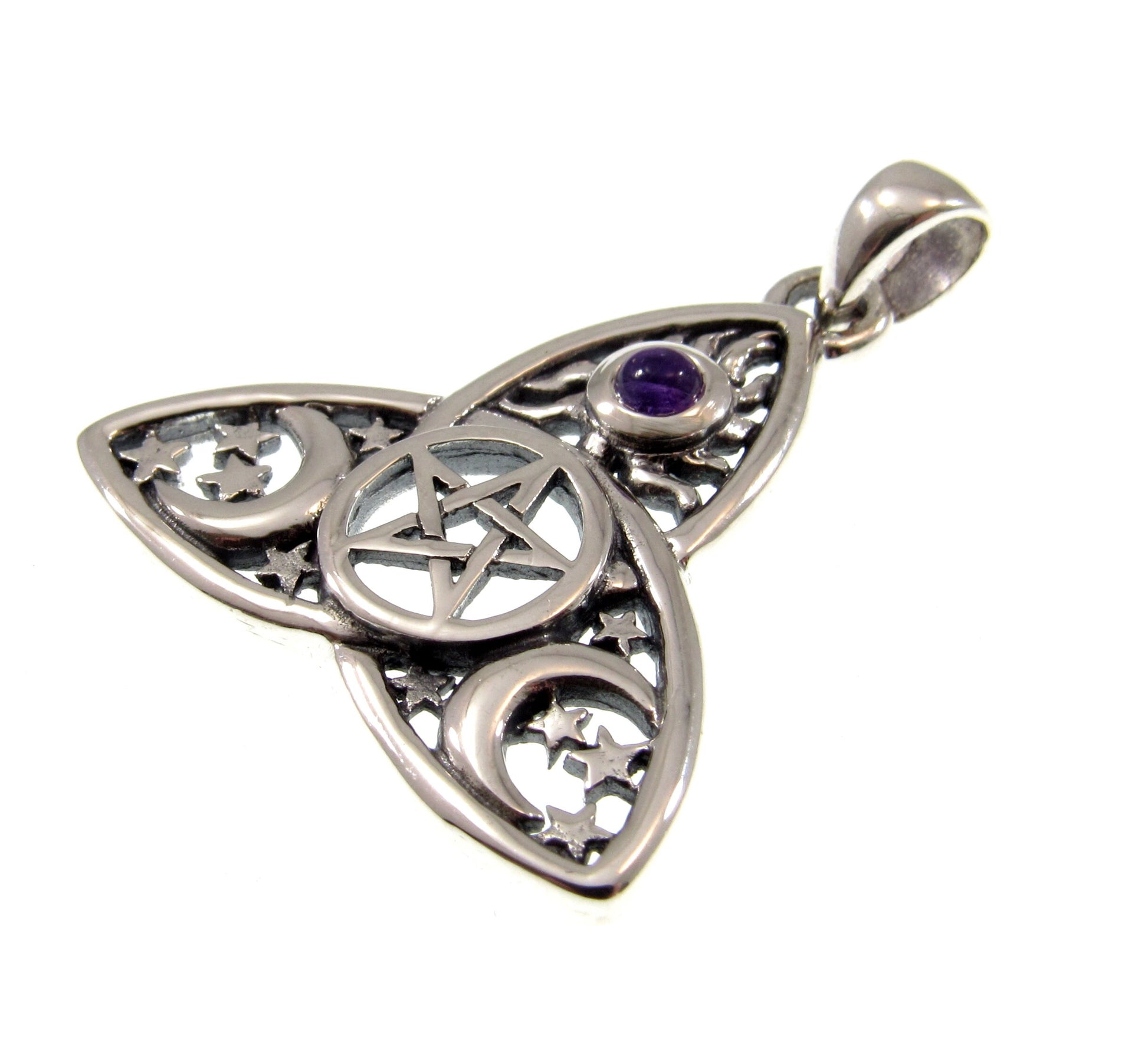 Solid 925 Sterling Silver Celtic Triquetra Pentacle Sun, Moon, & Stars Pendant, Banishing Talisman, Amethyst, Garnet, Topaz, Moonstone