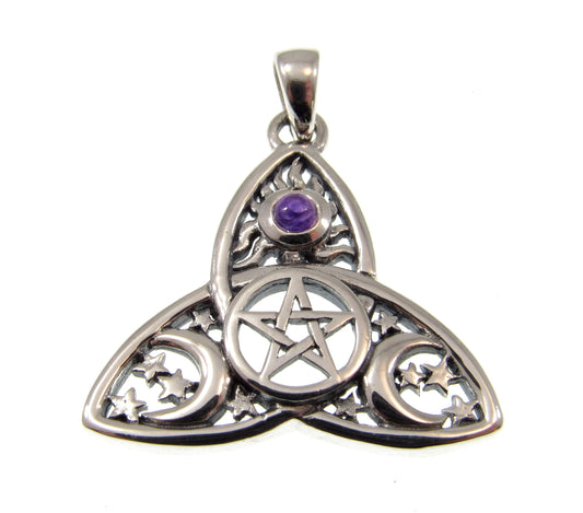 Solid 925 Sterling Silver Celtic Triquetra Pentacle Sun, Moon, & Stars Pendant, Banishing Talisman, Amethyst, Garnet, Topaz, Moonstone