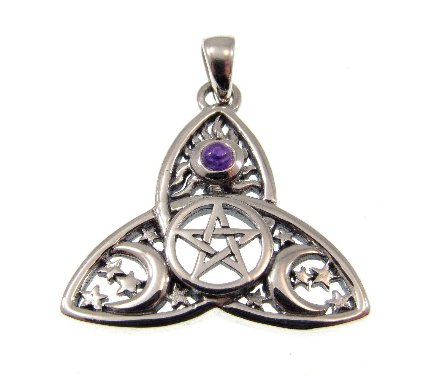 Solid 925 Sterling Silver Celtic Triquetra Pentacle Sun, Moon, & Stars Pendant, Banishing Talisman, Amethyst, Garnet, Topaz, Moonstone