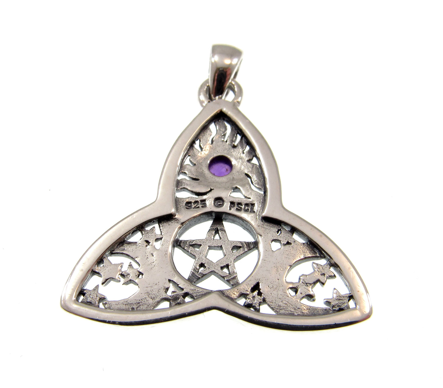 Solid 925 Sterling Silver Celtic Triquetra Pentacle Sun, Moon, & Stars Pendant, Banishing Talisman, Amethyst, Garnet, Topaz, Moonstone
