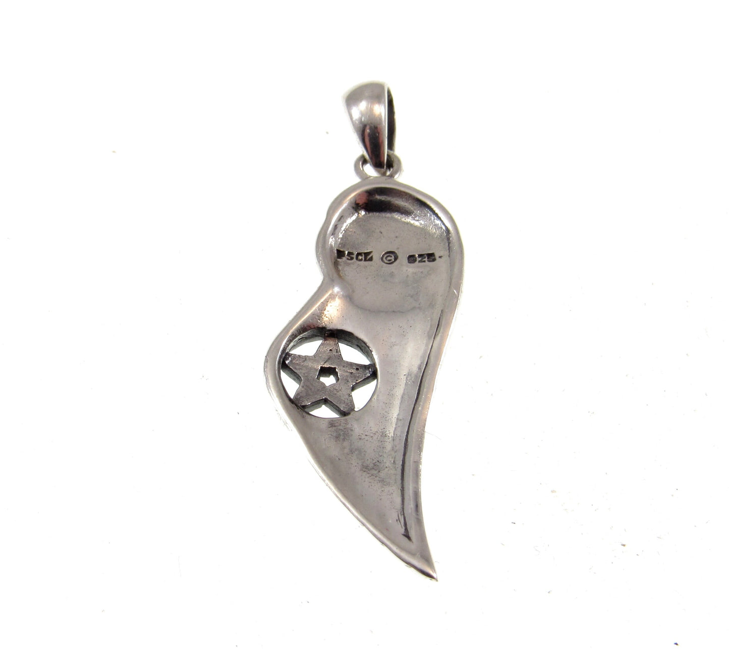 Solid 925 Sterling Silver Angel Wing with Crescent Moon & Pentacle Star Pendant, Handcrafted Wiccan Magic Pentagram