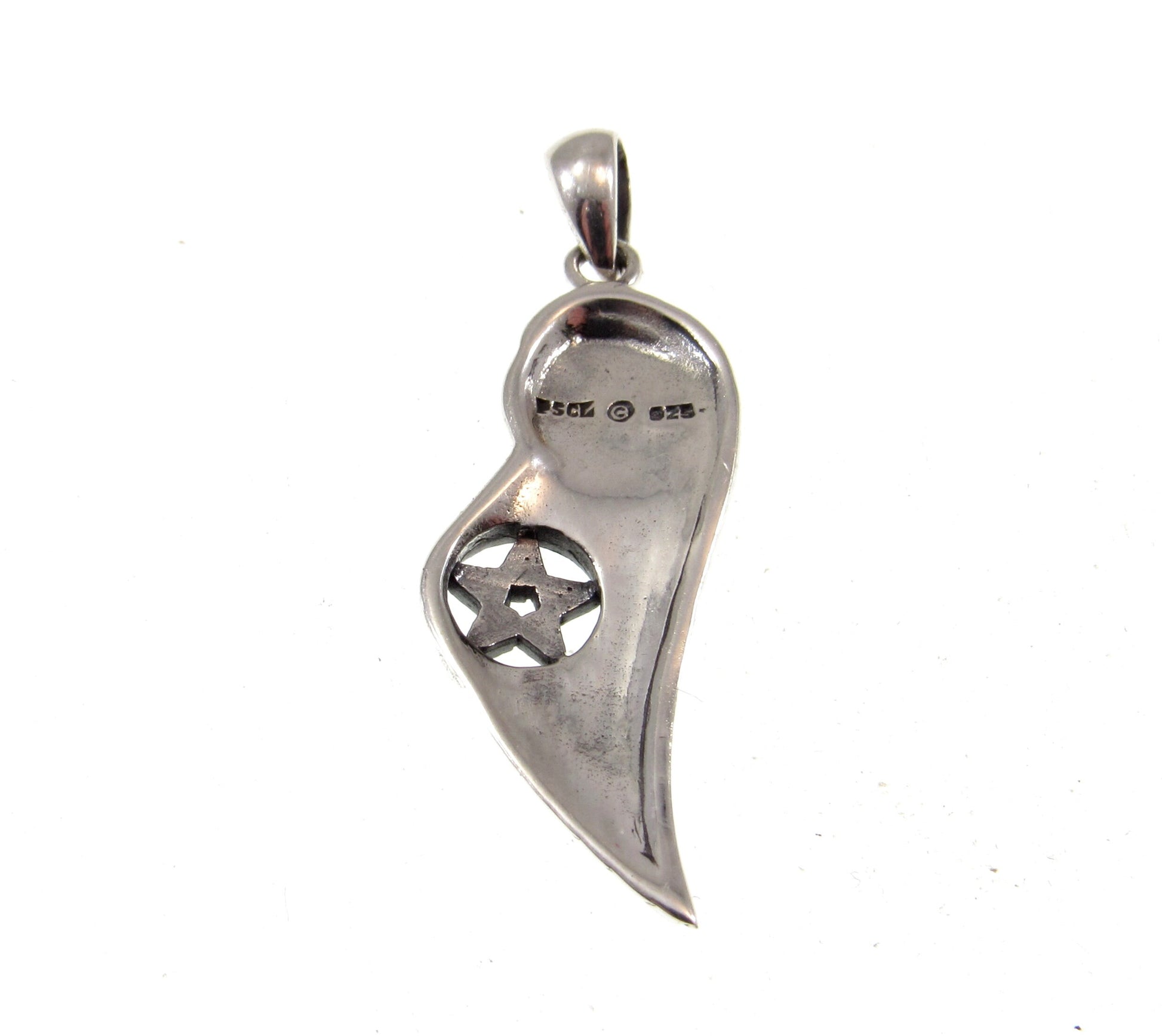 Solid 925 Sterling Silver Angel Wing with Crescent Moon & Pentacle Star Pendant, Handcrafted Wiccan Magic Pentagram