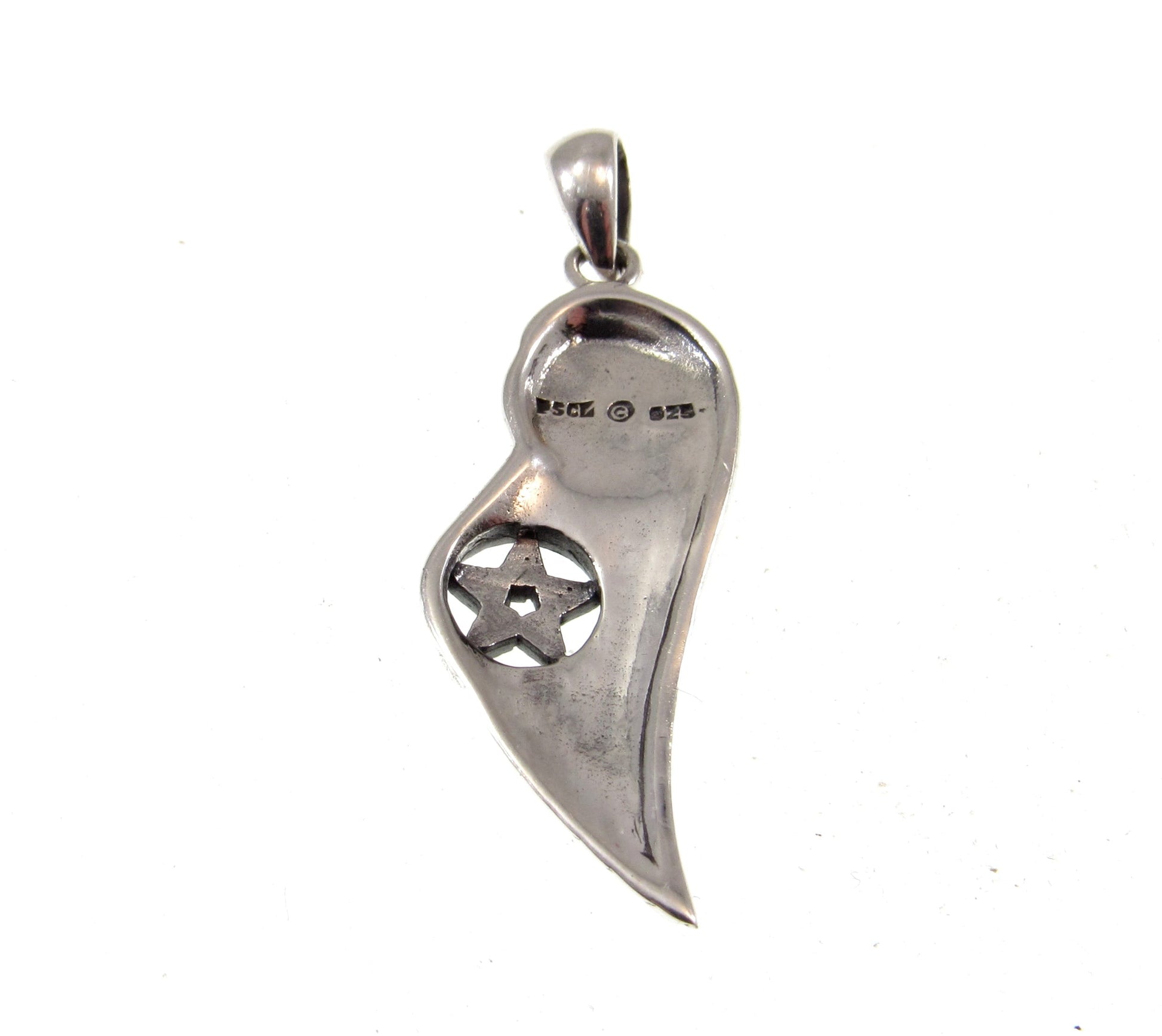Solid 925 Sterling Silver Crescent Moon Pentacle Angel Wing Pendant w/ Enamel, Gothic Talisman