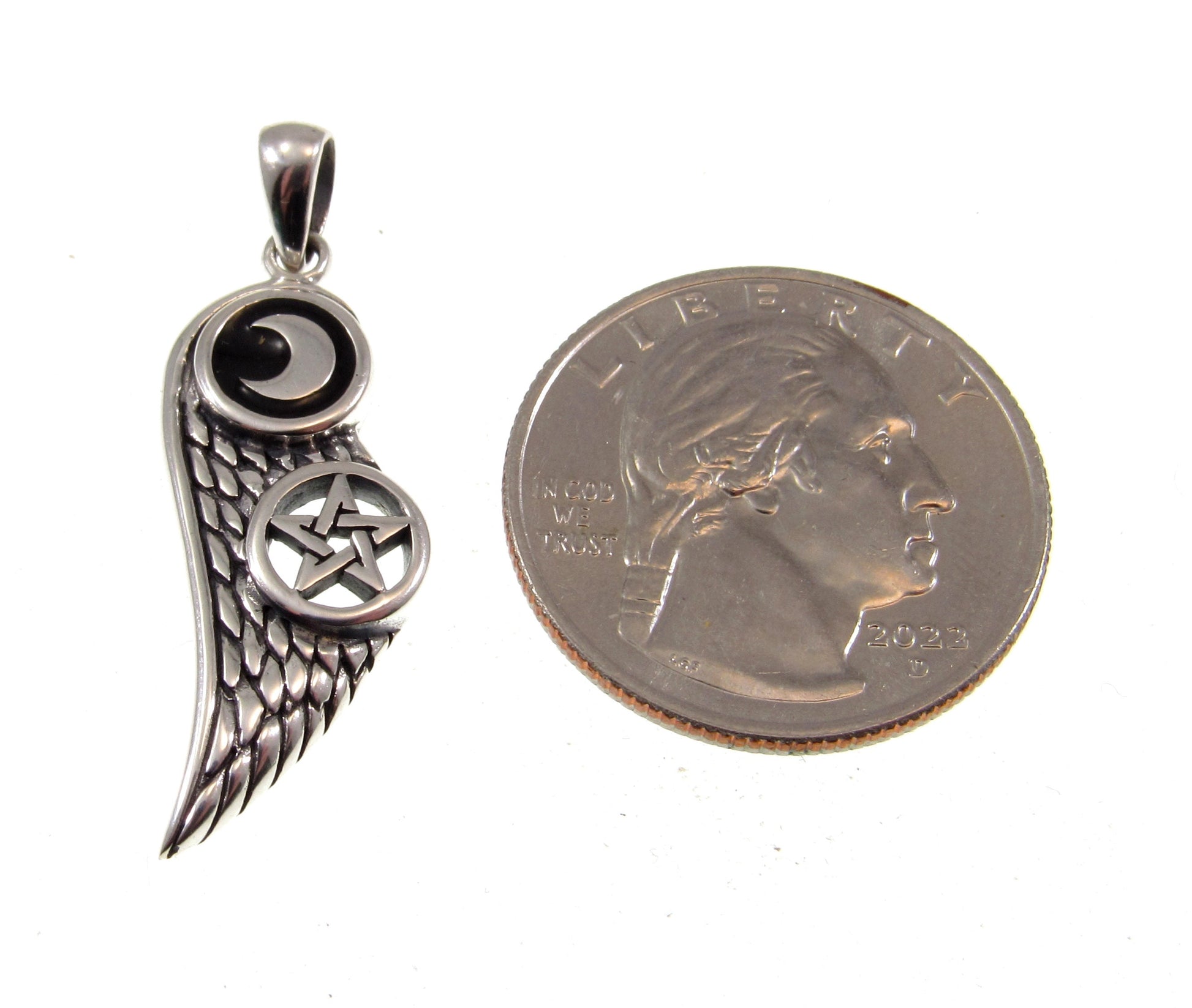 Solid 925 Sterling Silver Angel Wing with Crescent Moon & Pentacle Star Pendant, Handcrafted Wiccan Magic Pentagram