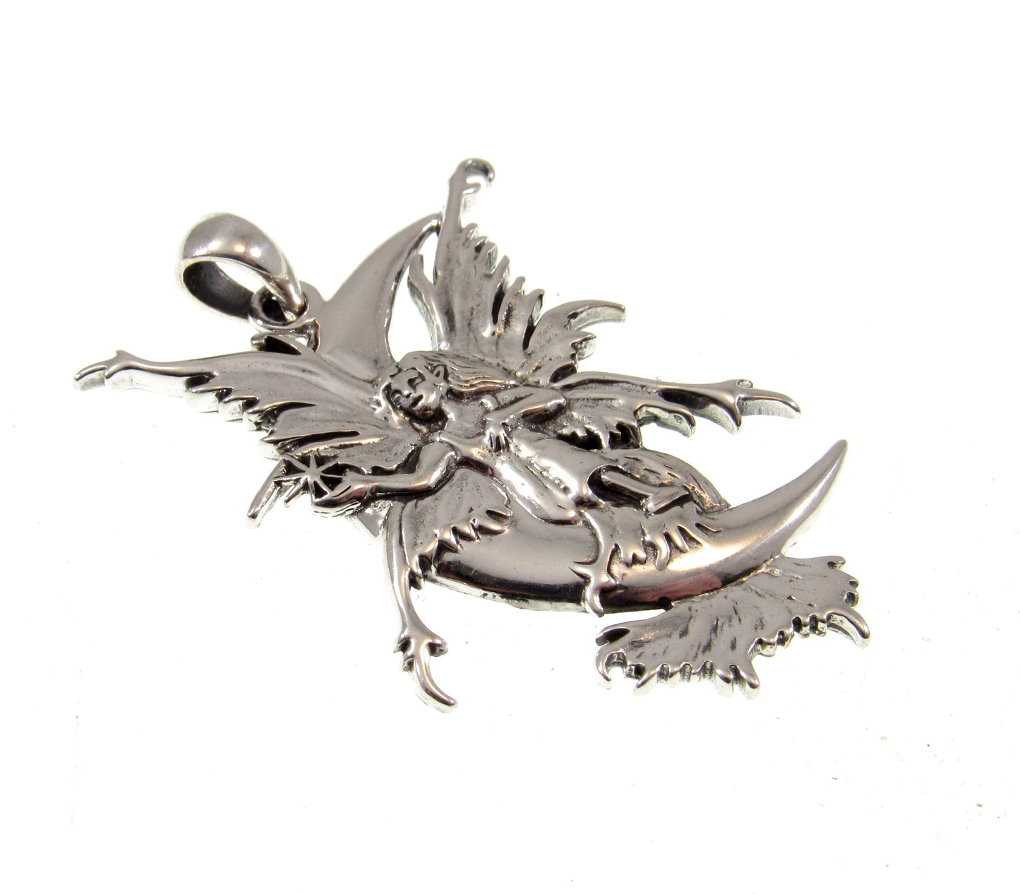 Solid 925 Sterling Silver Stargazer Crescent Moon Fairy Pendant Designed by Renown Fantasy Artist Amy Brown