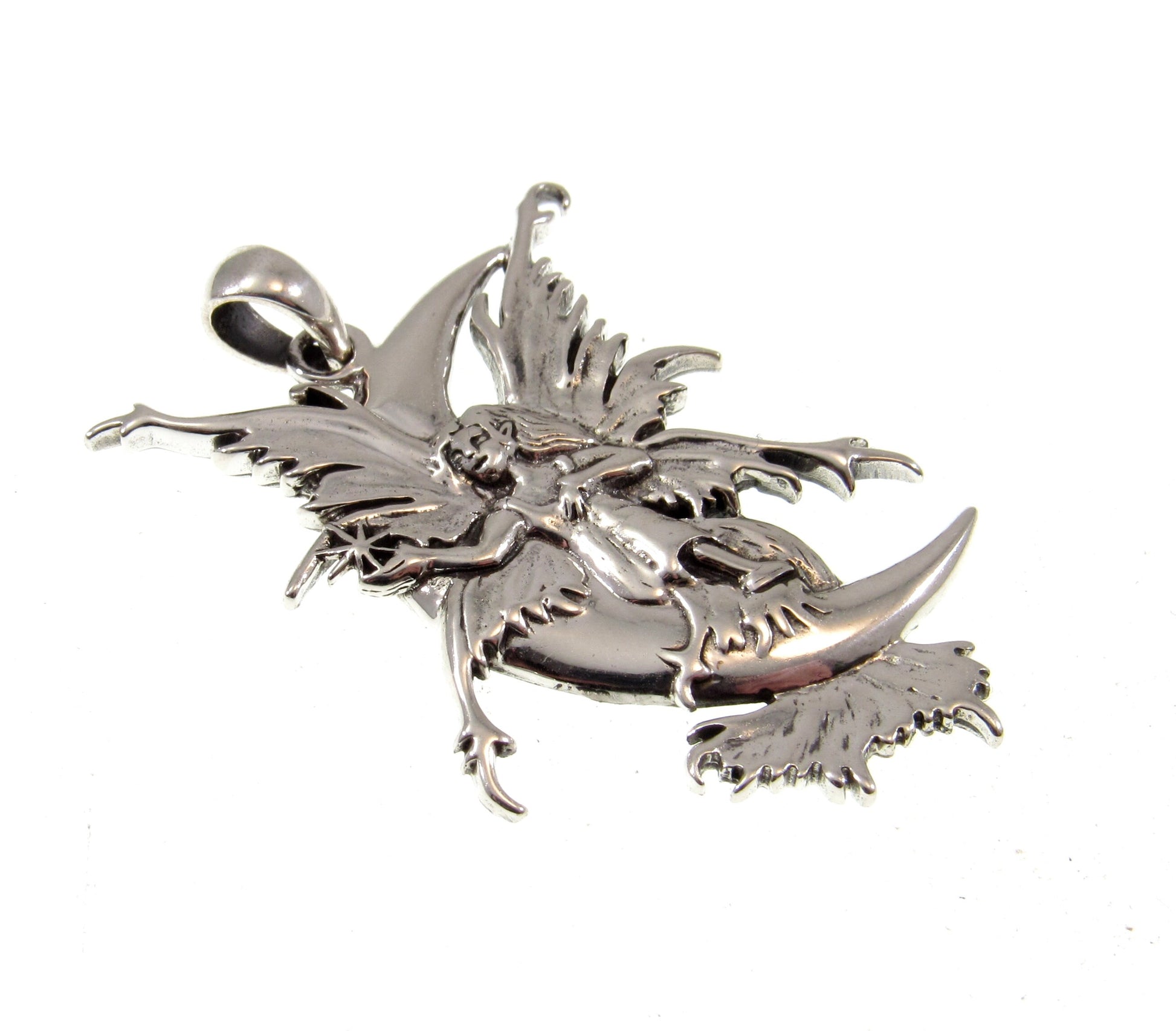 Solid 925 Sterling Silver Stargazer Crescent Moon Fairy Pendant Designed by Renown Fantasy Artist Amy Brown