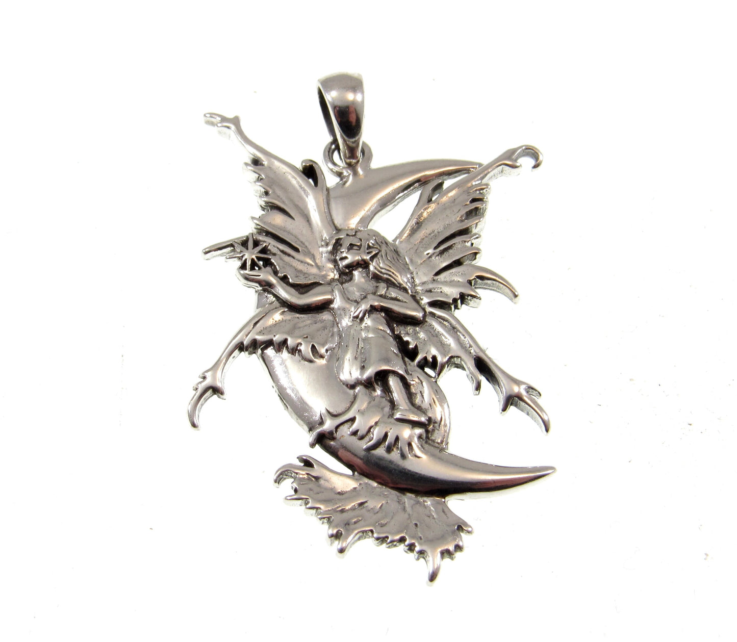 Solid 925 Sterling Silver Stargazer Crescent Moon Fairy Pendant Designed by Renown Fantasy Artist Amy Brown